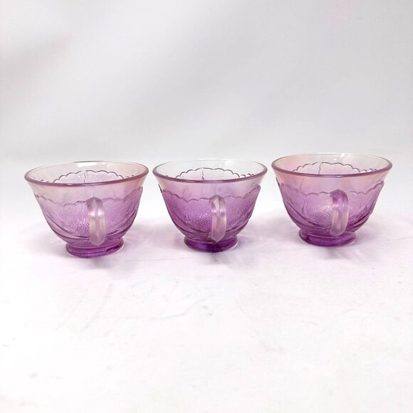 Vintage Indiana Glass Pebble Leaf Tea Cups Pink Floral Pressed 3pc Set - Picture 3 of 16
